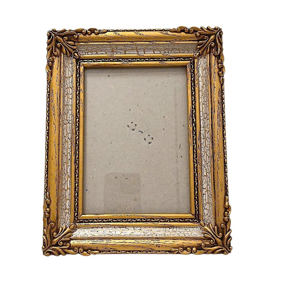 Ornate Mediterranean Wood Glass 9.5x7.5 Picture Frame Carved Gold Beige Italian